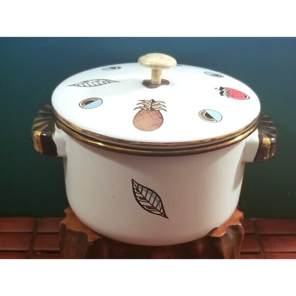 Mid Century Georges Briard Ambrosia Pineapple Porcelain Enamel Kettle & Lid 7" - Picture 6 of 12